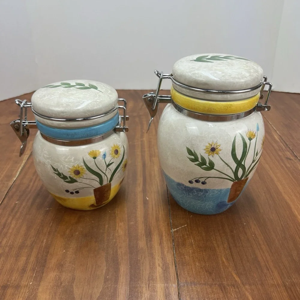 Oneida Sakura Casual Dining Floral Applique Ceramic Canister Jars Set of 2